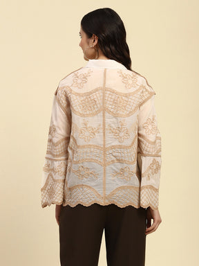 Cream & Beige Embroidered Cotton Boxyy Fit Shirt