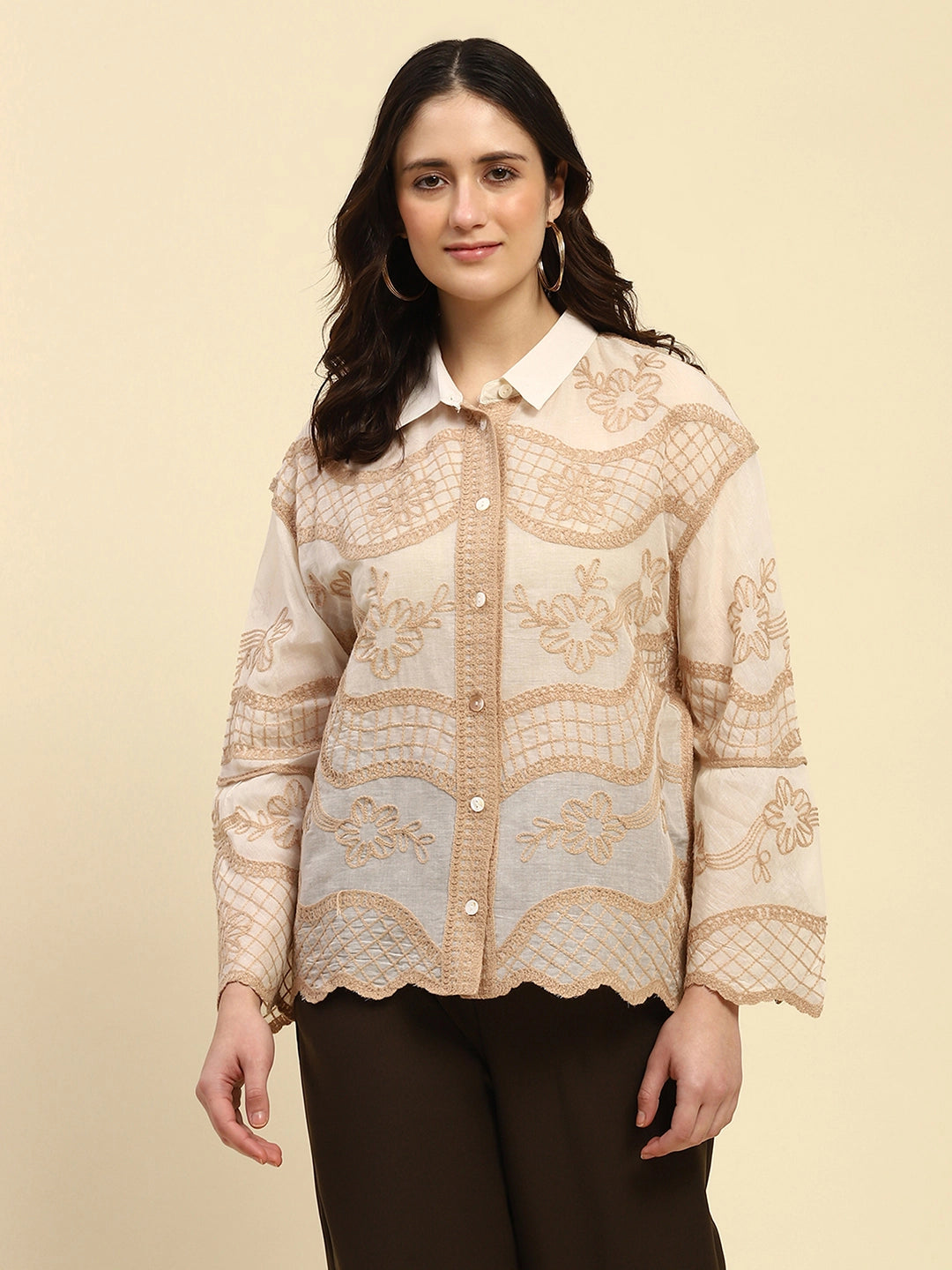 Cream & Beige Embroidered Cotton Boxyy Fit Shirt