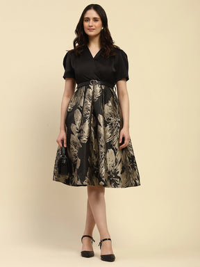 Black Self Design Satin Regular Fit Dress