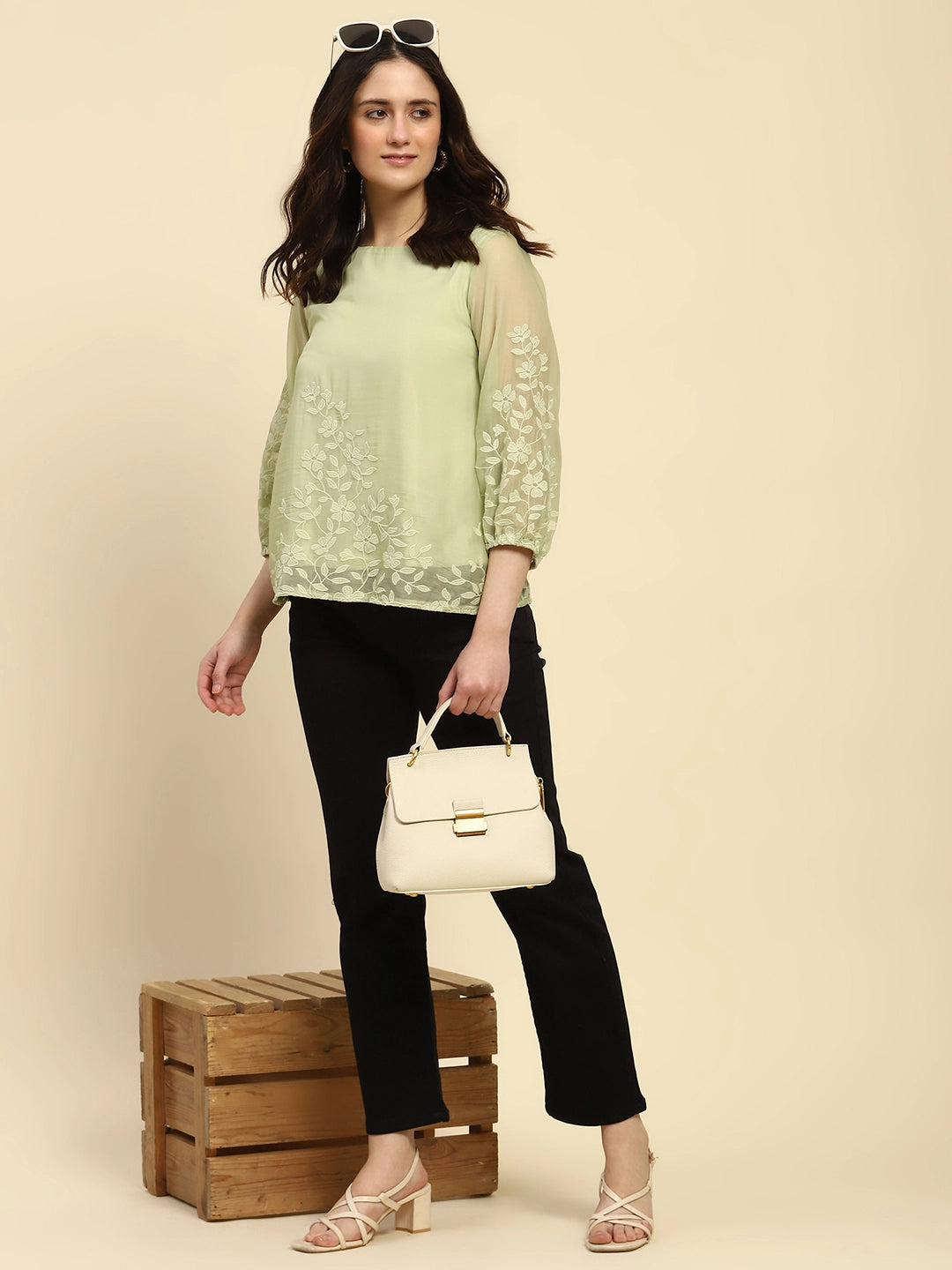 Green Embroidered Chiffon Relaxed Fit Blouson Top