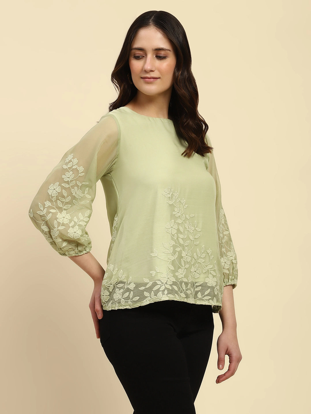 Green Embroidered Chiffon Relaxed Fit Blouson Top