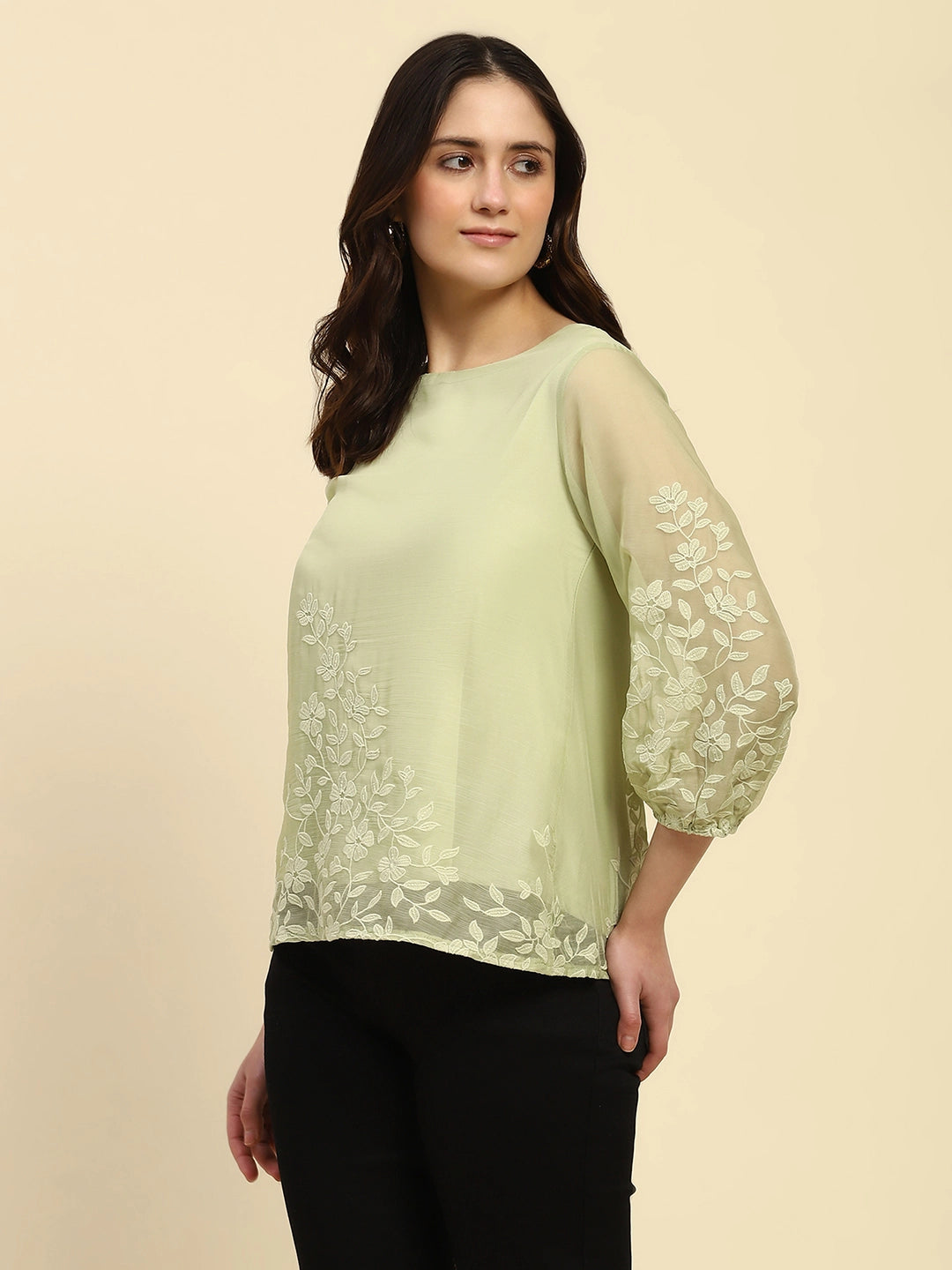 Green Embroidered Chiffon Relaxed Fit Blouson Top