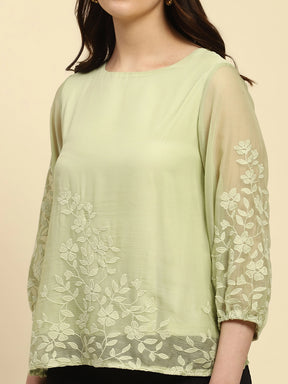 Green Embroidered Chiffon Relaxed Fit Blouson Top