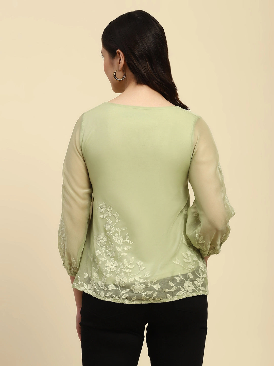 Green Embroidered Chiffon Relaxed Fit Blouson Top