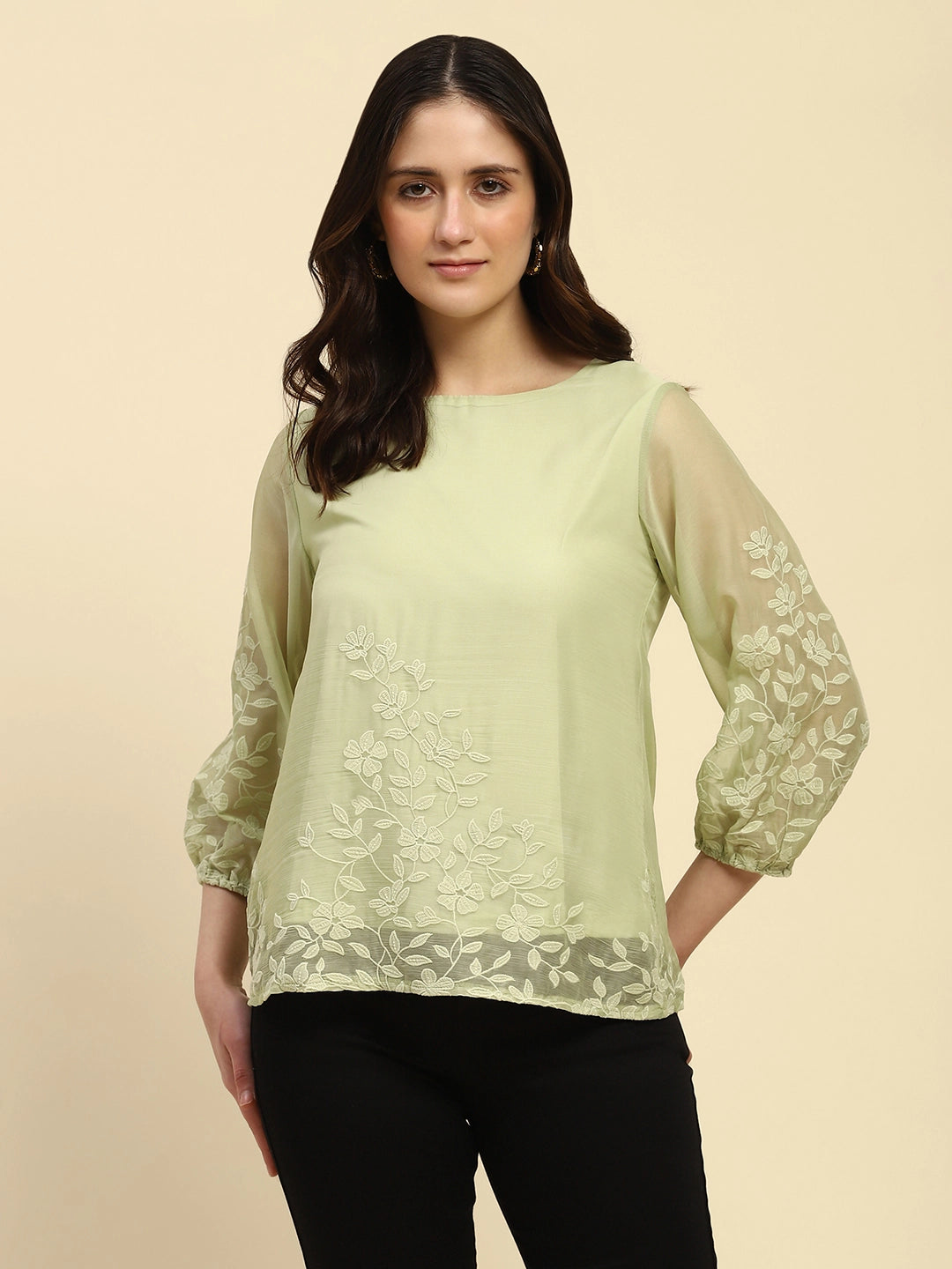 Green Embroidered Chiffon Relaxed Fit Blouson Top