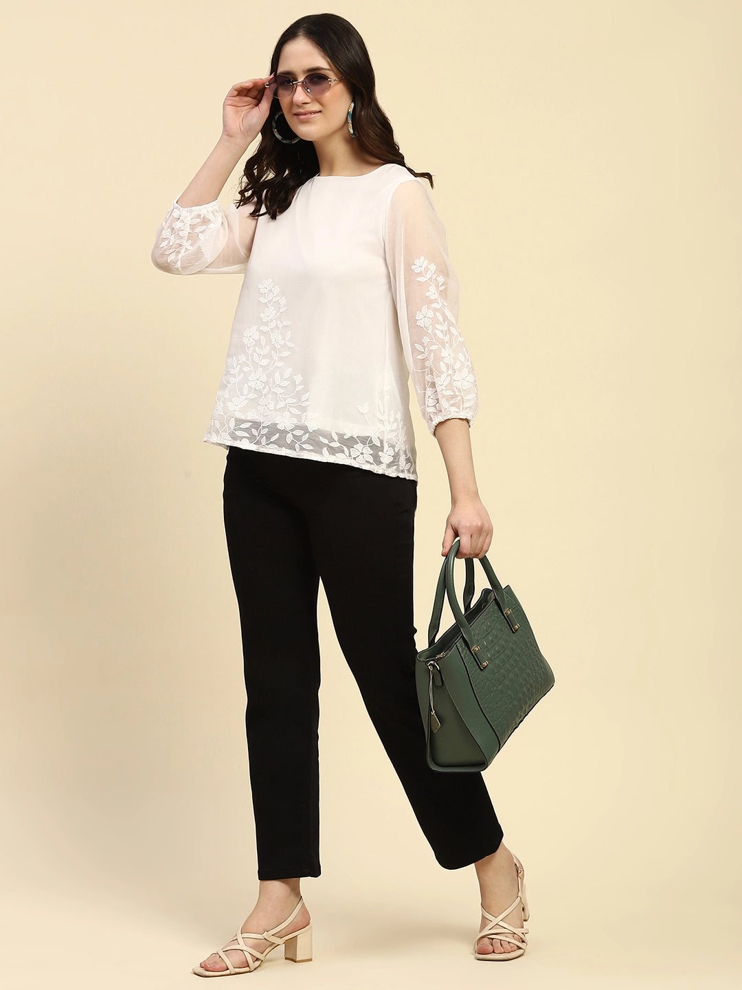 White Embroidered Chiffon Relaxed Fit Blouson Top