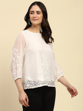 White Embroidered Chiffon Relaxed Fit Blouson Top