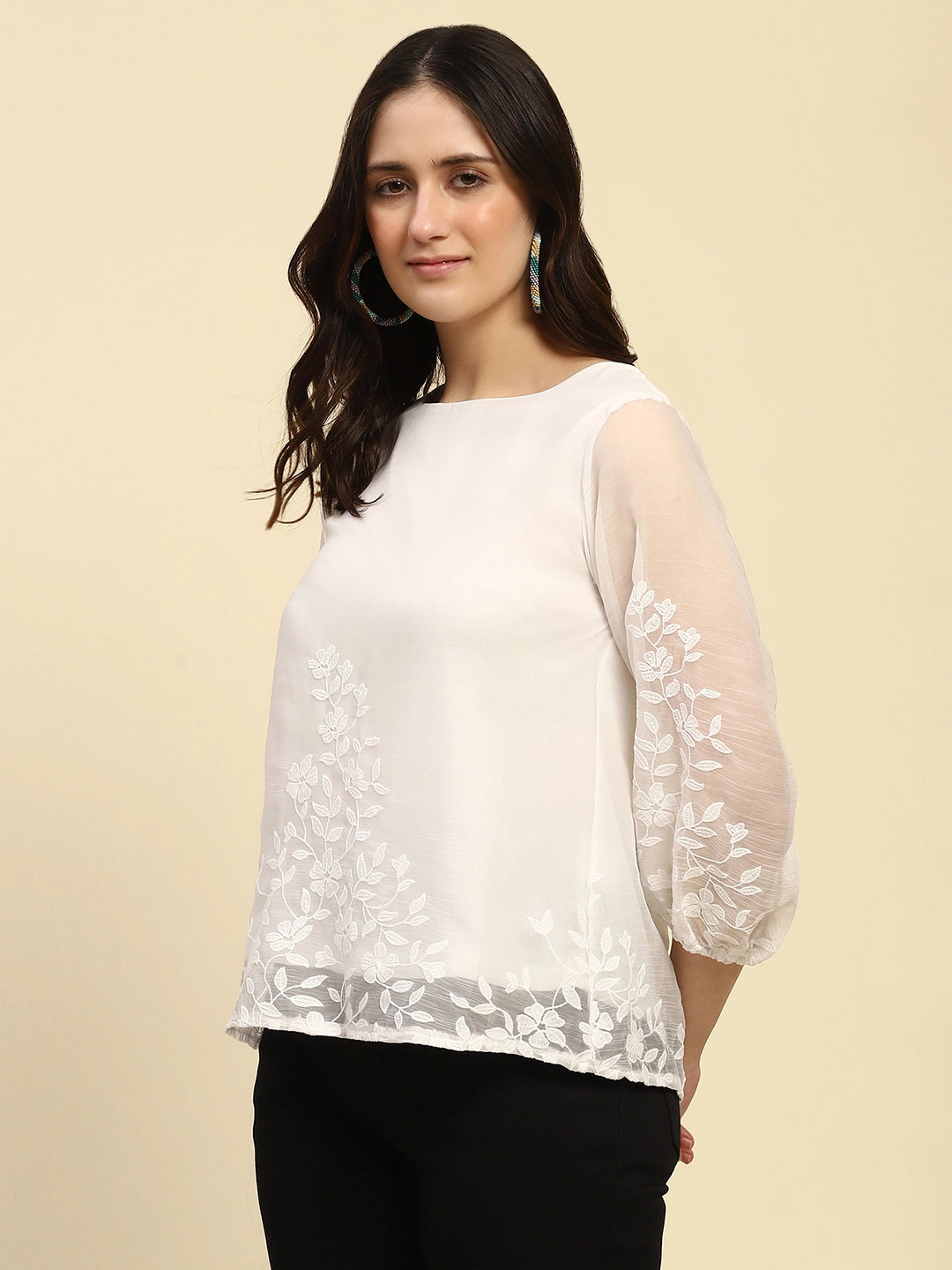 White Embroidered Chiffon Relaxed Fit Blouson Top