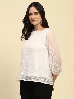 White Embroidered Chiffon Relaxed Fit Blouson Top