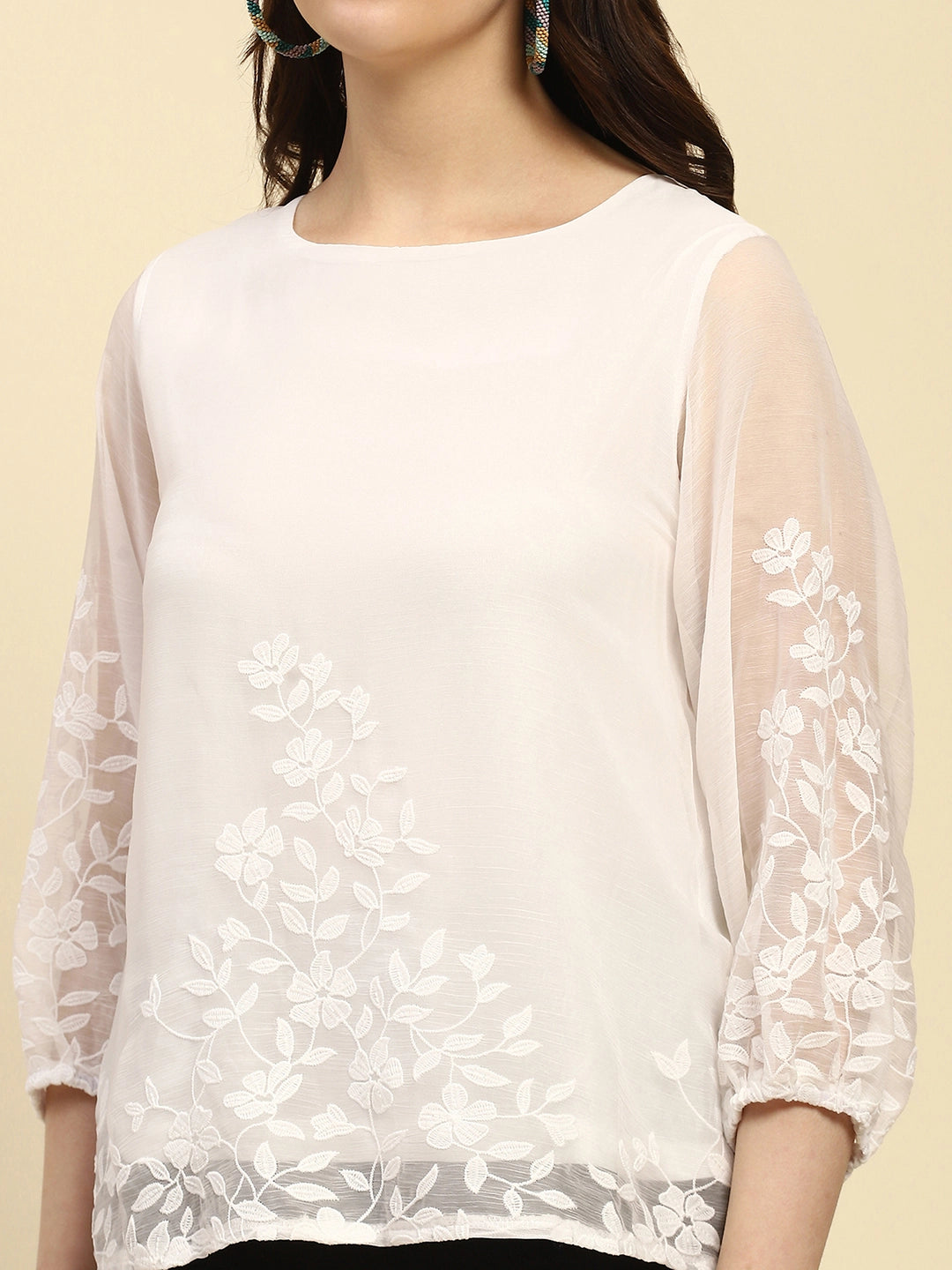 White Embroidered Chiffon Relaxed Fit Blouson Top