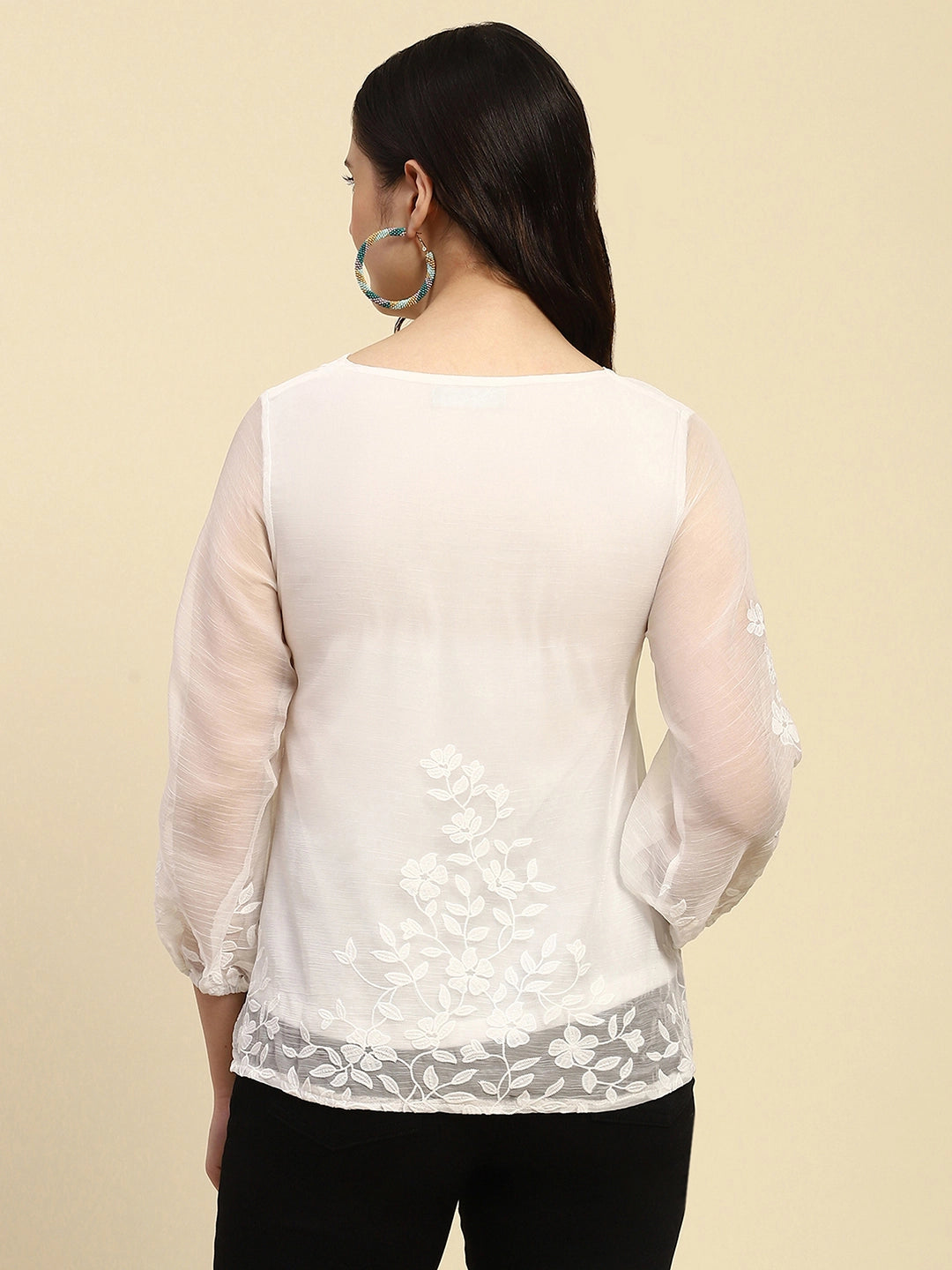 White Embroidered Chiffon Relaxed Fit Blouson Top