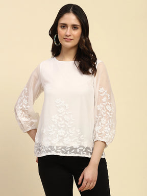 White Embroidered Chiffon Relaxed Fit Blouson Top