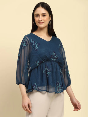 Teal Embroidered Poly Blend Regular Fit Blouson Top