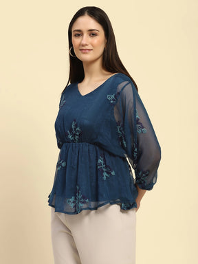 Teal Embroidered Poly Blend Regular Fit Blouson Top