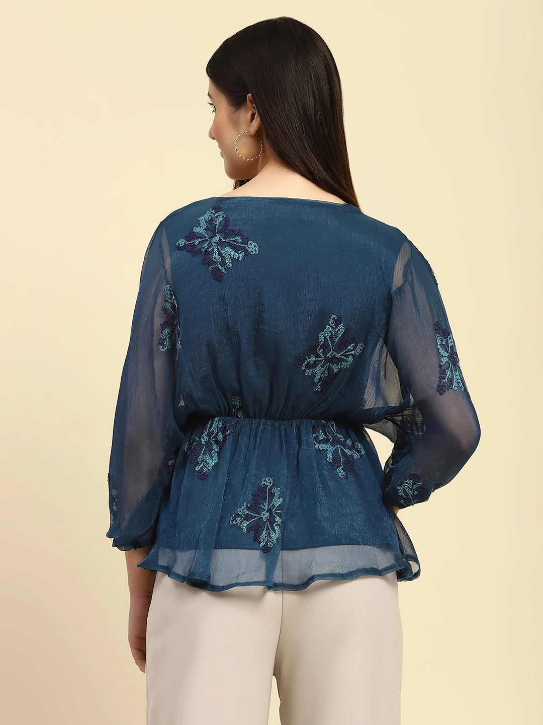 Teal Embroidered Poly Blend Regular Fit Blouson Top