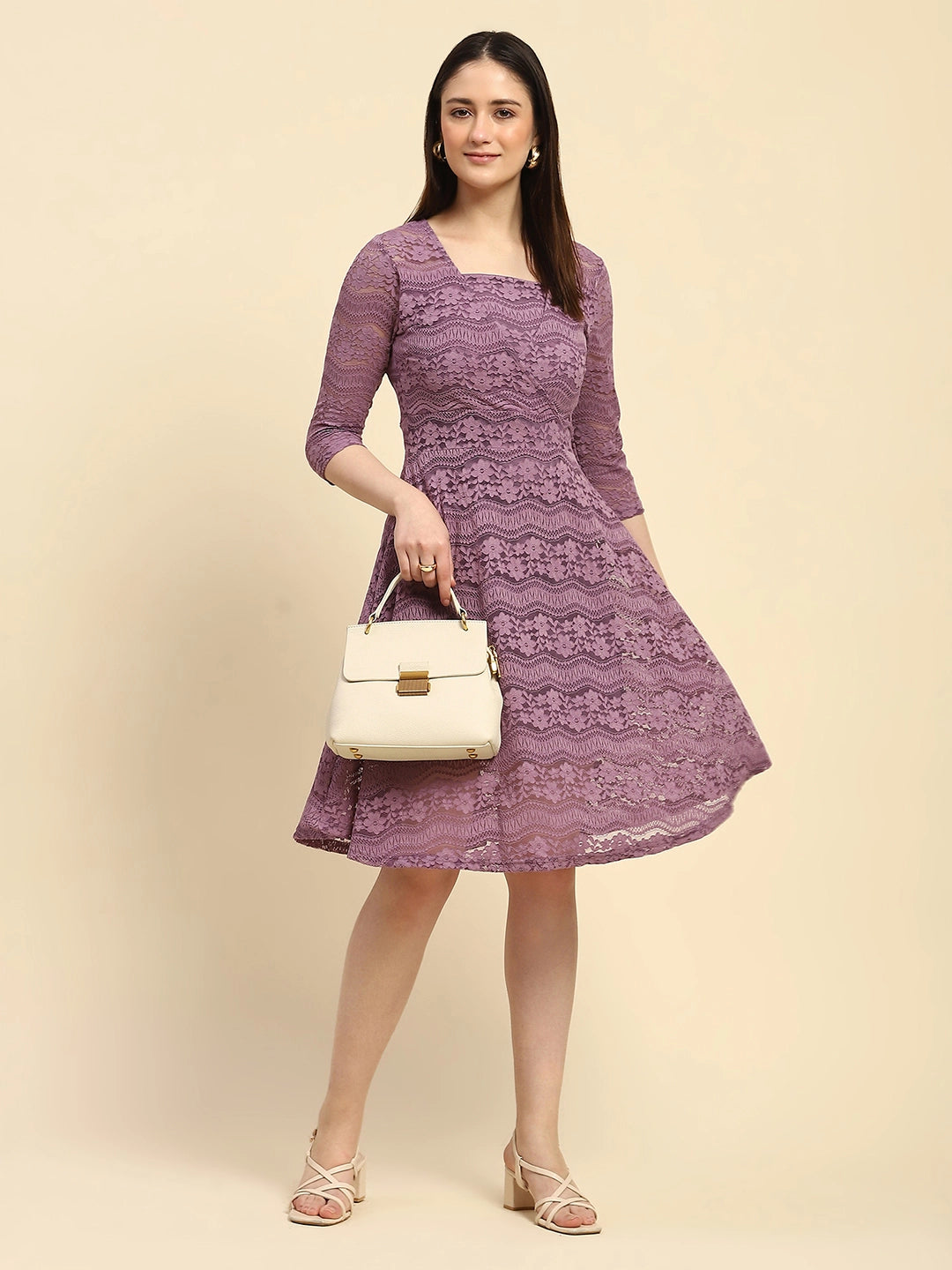 Purple Lace Floral Pattern Poly Blend Regular Fit Dress