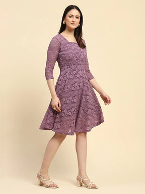 Purple Lace Floral Pattern Poly Blend Regular Fit Dress