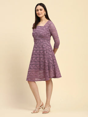 Purple Lace Floral Pattern Poly Blend Regular Fit Dress