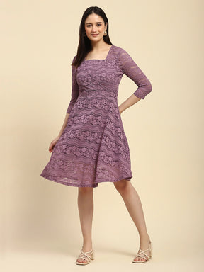 Purple Lace Floral Pattern Poly Blend Regular Fit Dress