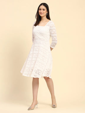 White Lace Floral Pattern Poly Blend Regular Fit Dress