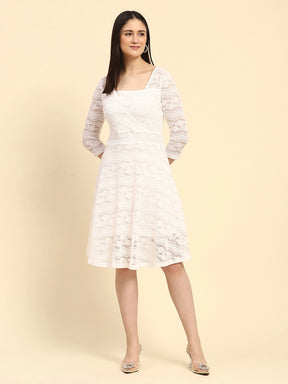 White Lace Floral Pattern Poly Blend Regular Fit Dress