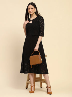 Black Floral Lace Textured Pattern Poly Blend Regular Fit Dress