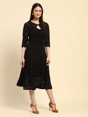 Black Floral Lace Textured Pattern Poly Blend Regular Fit Dress