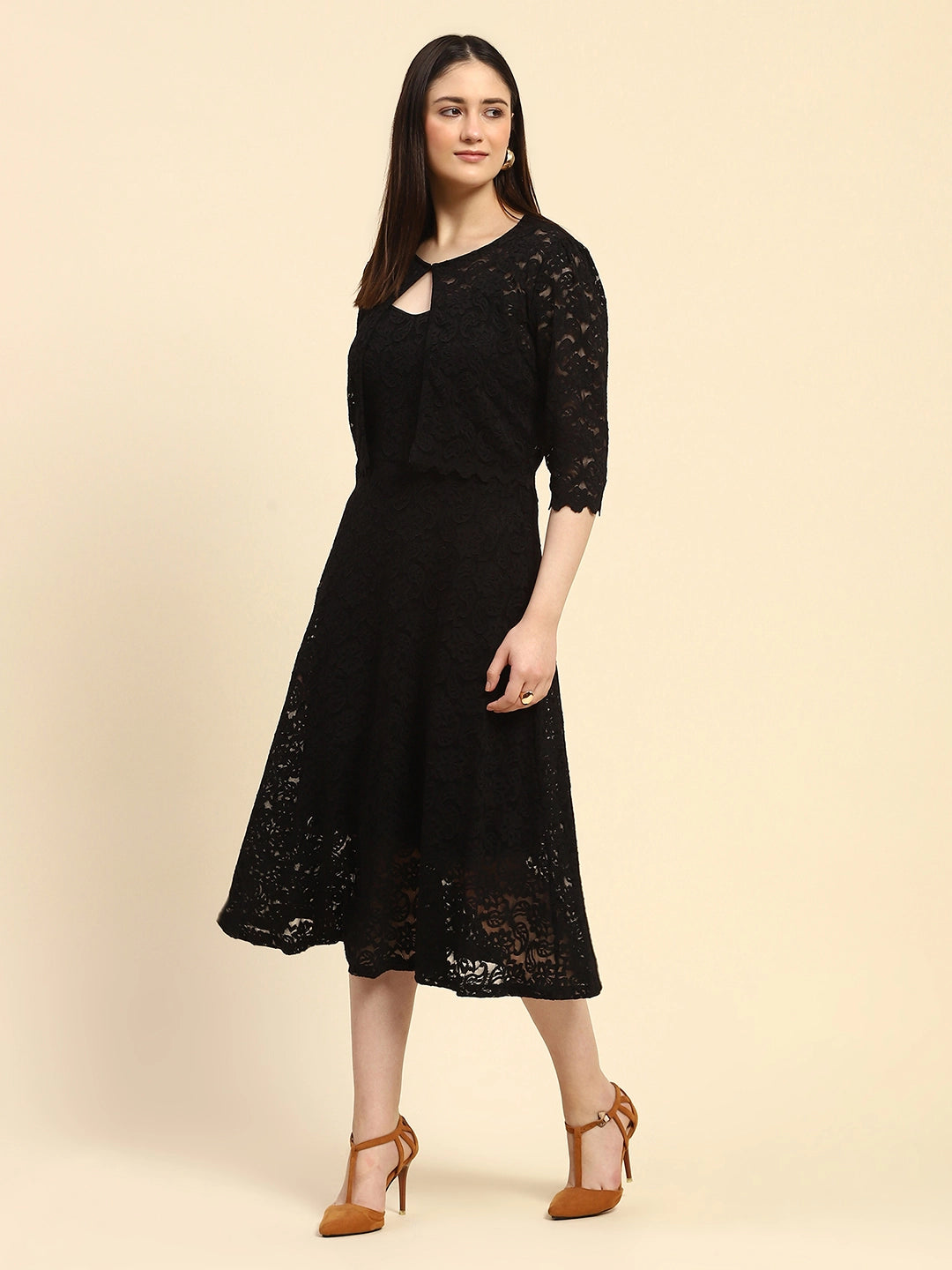 Black Floral Lace Textured Pattern Poly Blend Regular Fit Dress