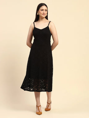 Black Floral Lace Textured Pattern Poly Blend Regular Fit Dress