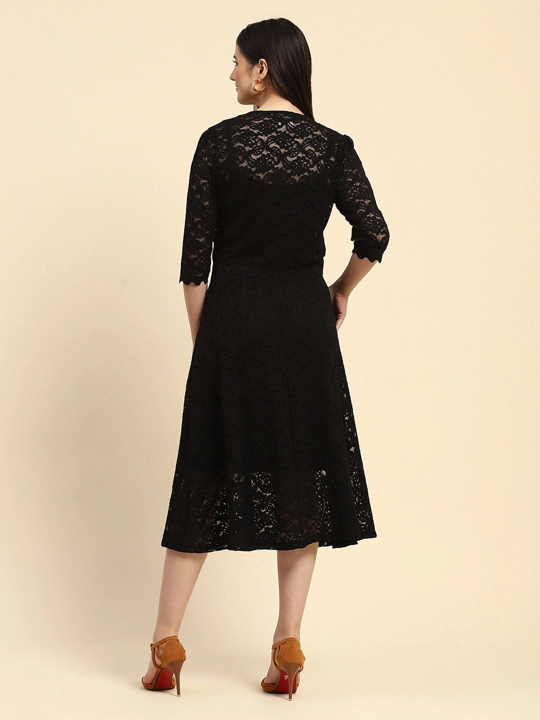 Black Floral Lace Textured Pattern Poly Blend Regular Fit Dress