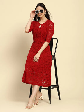 Wine Floral Lace Textured Pattern Poly Blend Regular Fit Dress