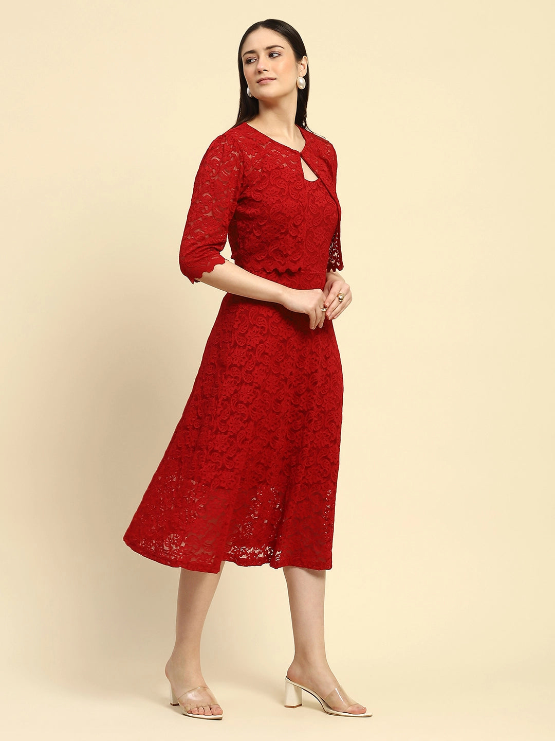 Wine Floral Lace Textured Pattern Poly Blend Regular Fit Dress