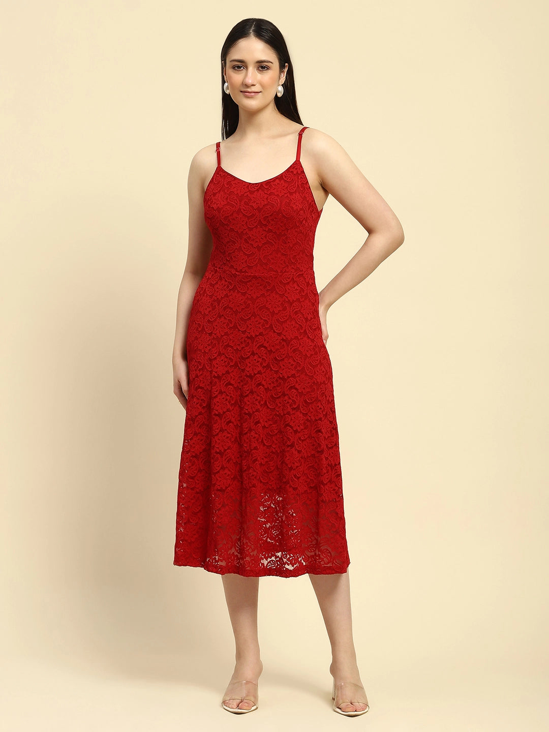 Wine Floral Lace Textured Pattern Poly Blend Regular Fit Dress