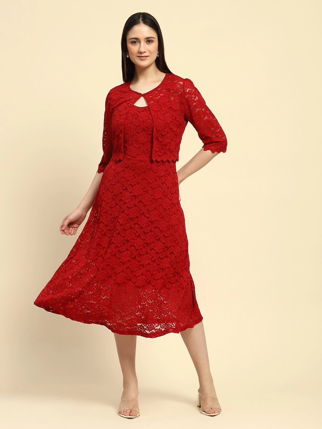 Wine Floral Lace Textured Pattern Poly Blend Regular Fit Dress