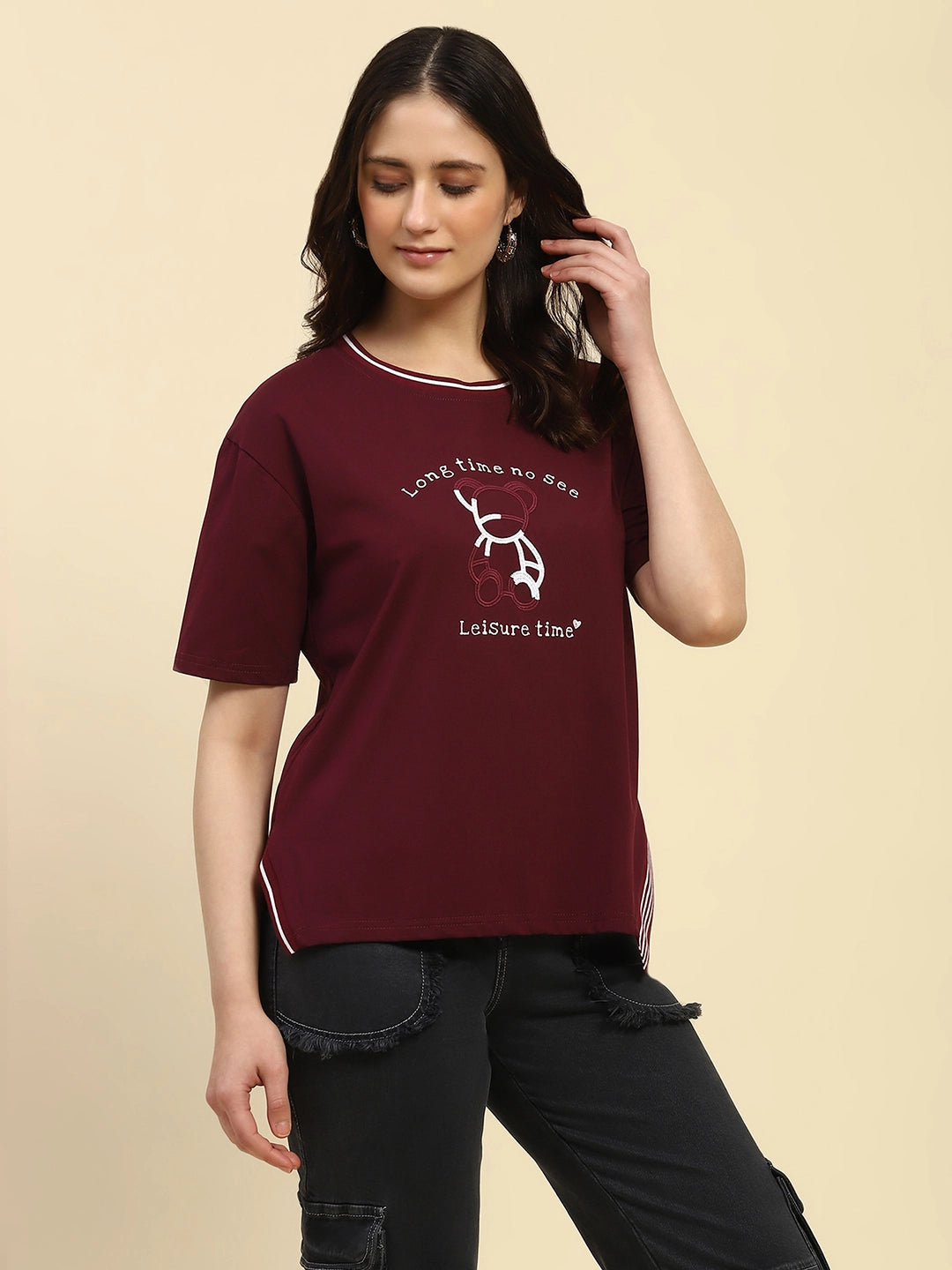 Wine Embroidered Cotton Relaxed Fit Top