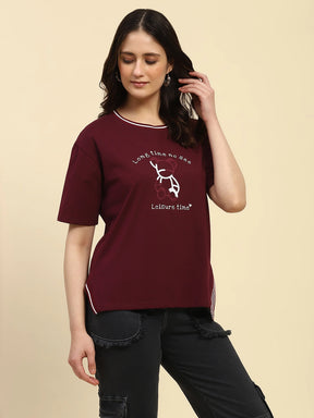 Wine Embroidered Cotton Relaxed Fit Top