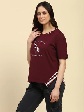 Wine Embroidered Cotton Relaxed Fit Top