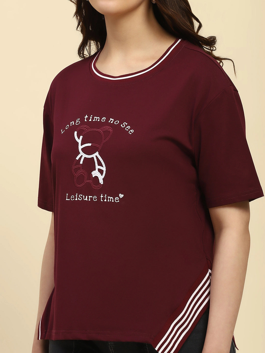 Wine Embroidered Cotton Relaxed Fit Top