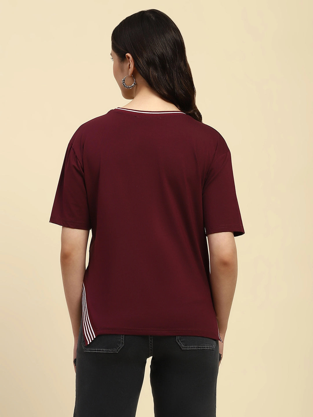 Wine Embroidered Cotton Relaxed Fit Top