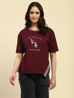 Wine Embroidered Cotton Relaxed Fit Top