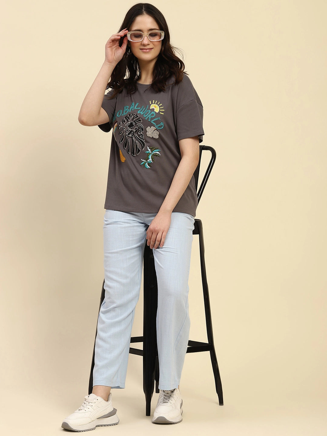 Grey Embroidered Cotton Oversized Top