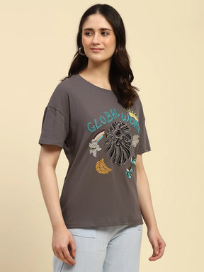 Grey Embroidered Cotton Oversized Top