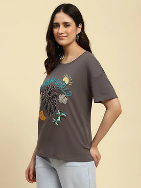 Grey Embroidered Cotton Oversized Top