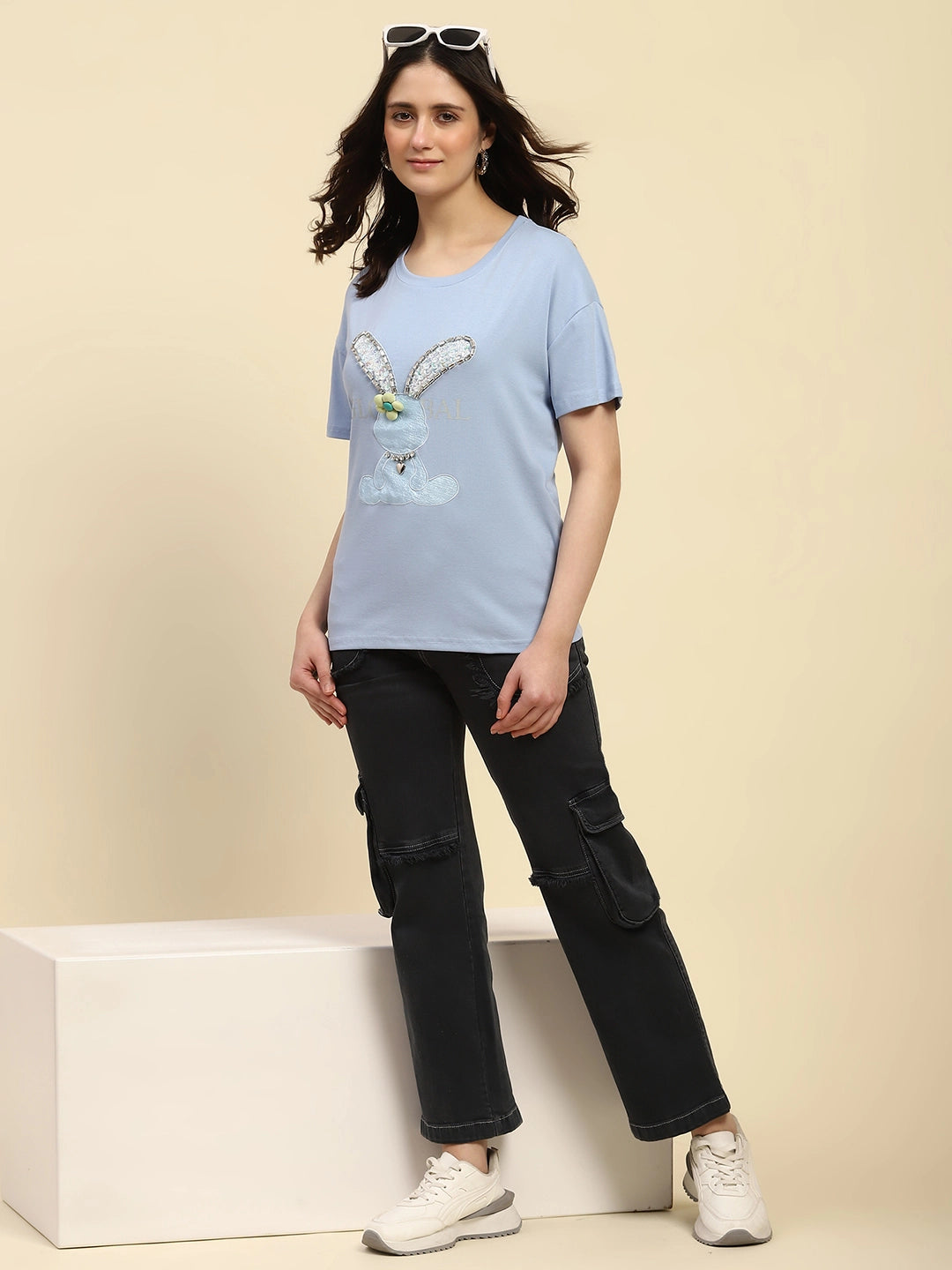 Sky Blue Embroidered Cotton Loose Fit Top