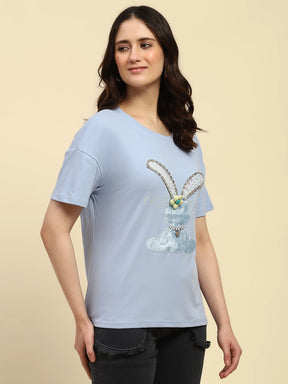 Sky Blue Embroidered Cotton Loose Fit Top