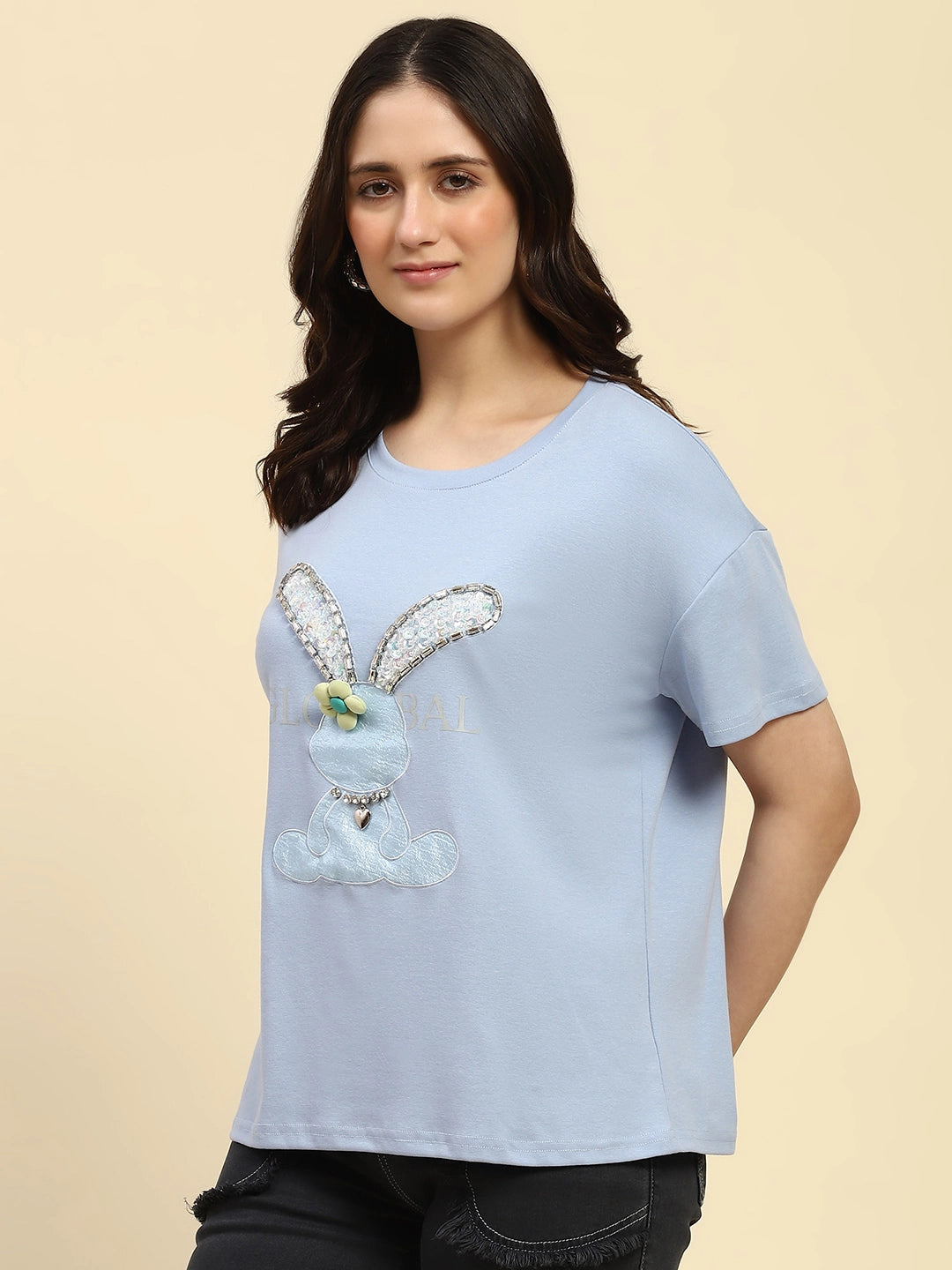 Sky Blue Embroidered Cotton Loose Fit Top