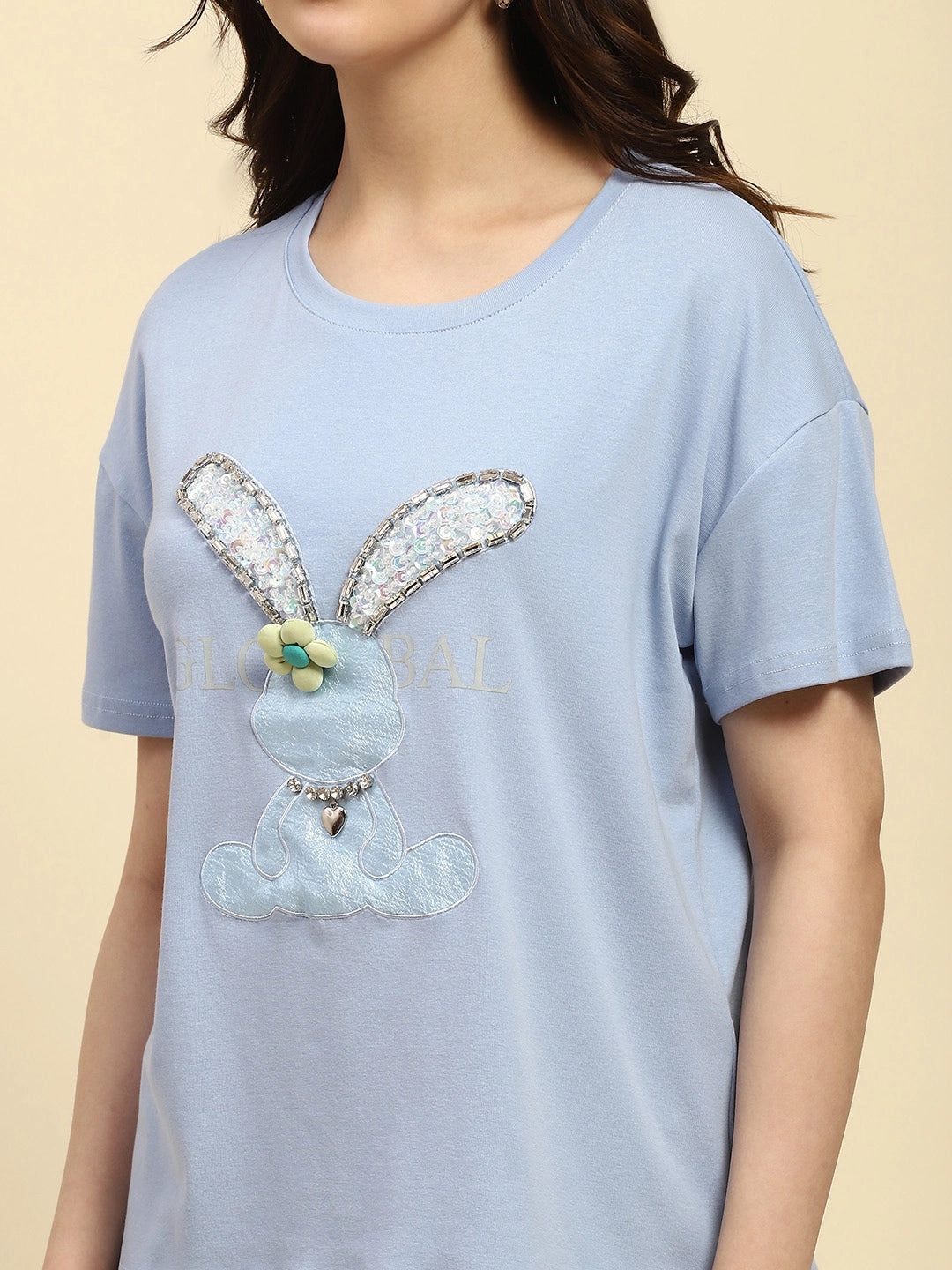 Sky Blue Embroidered Cotton Loose Fit Top