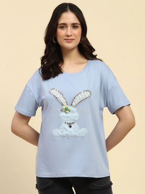 Sky Blue Embroidered Cotton Loose Fit Top