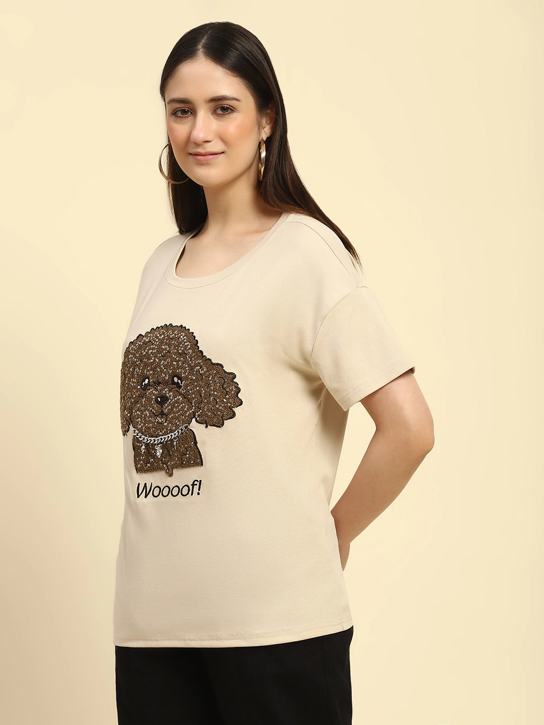 Beige Embroidered Cotton Loose Fit Top