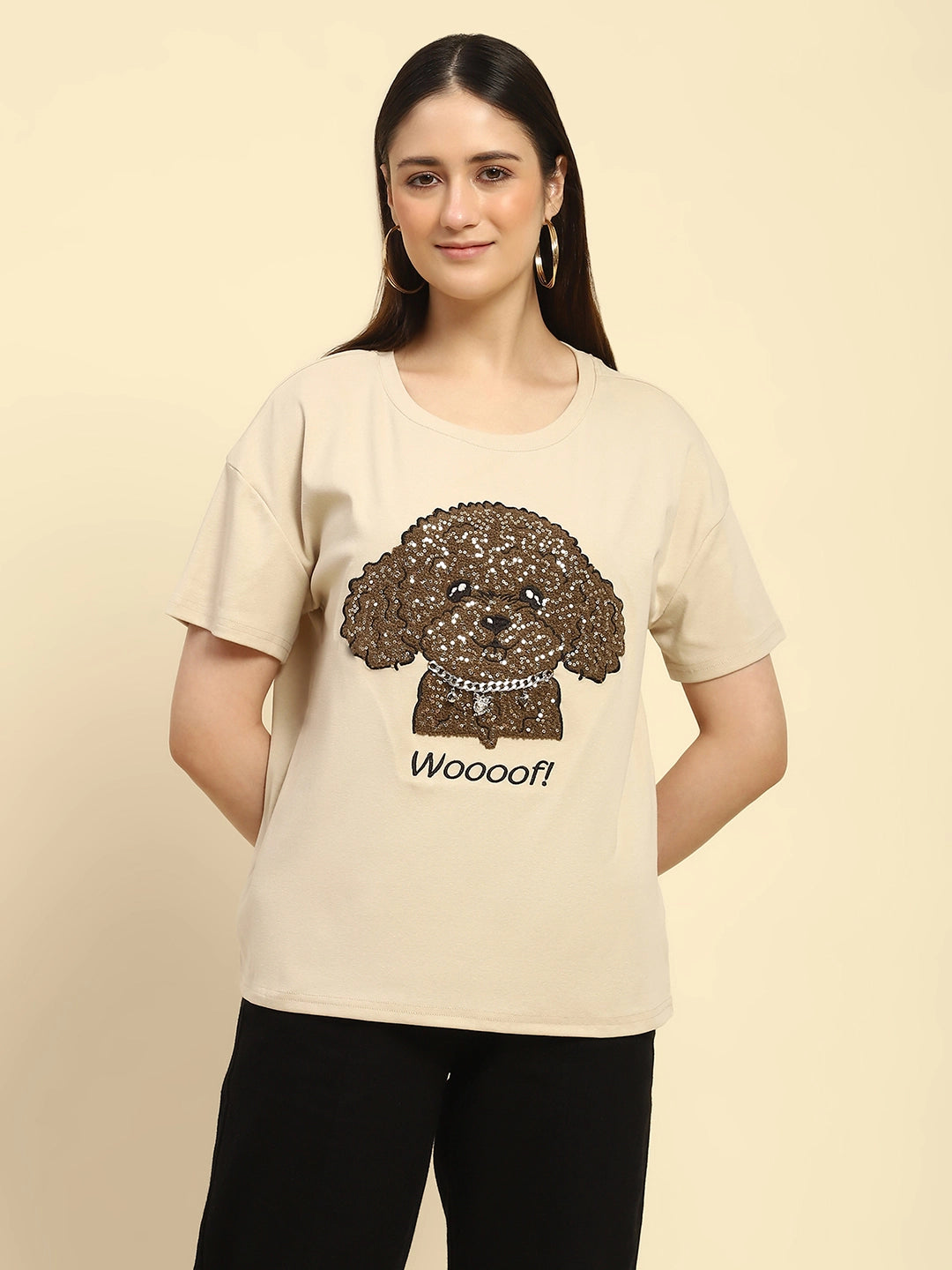 Beige Embroidered Cotton Loose Fit Top